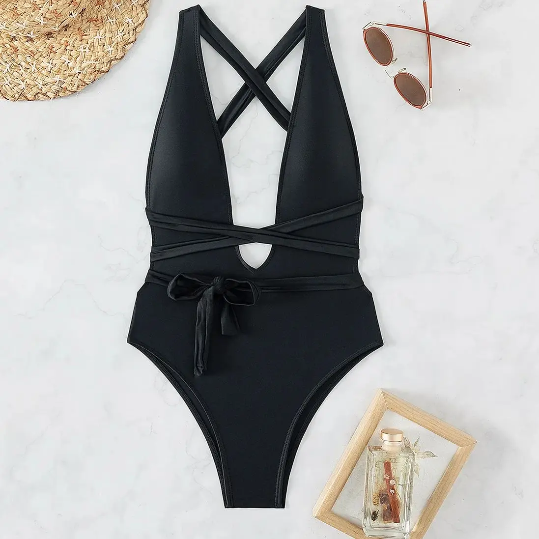 One Pieces Black Bikini Suit Back Strip Tie Beach Set Cool Black Female Swimming Suit Women Sexy Swimwear