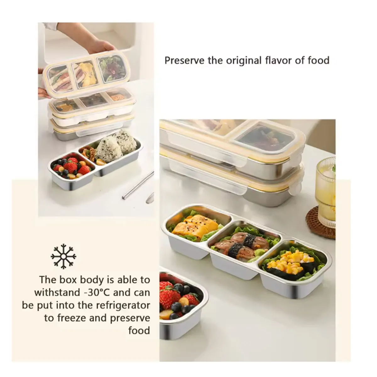 304 Edelstahl 3-Fach Unterteilte Leichte Mahlzeiten-Bento-Box für Büroangestellte, Portionskontrollierte, Tragbare Obst-Snack-Box Lunchbox – Detail 1