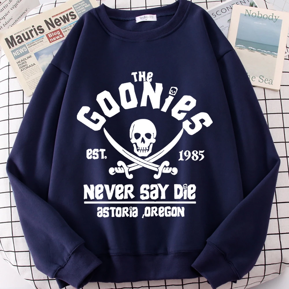 Distressed Goonies Never Say Die Sweatshirt Herren Vintage Kleidung Lose Lässige Rundhalspullover Unisex Fleece Streetwear