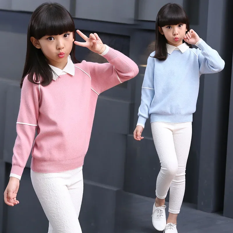 Teenage Girls Sweaters Spring Autumn Girls Long Sleeve Knitted Clothes Kids Turn Down Collar Sweater For Girls 6 8 10 12 Year