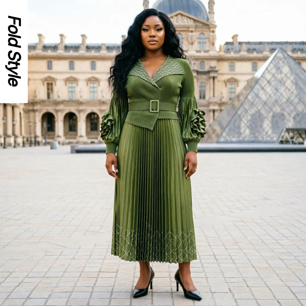 

Miyake Pleated African Loose Women's Dress Fashionable Bronzing Hand-cranked Flower Light Luxury Elegant Pleated Skirt