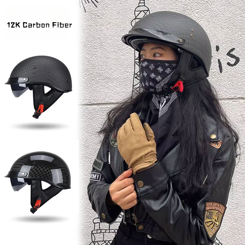 الأمريكية خمر دراجة نارية خوذة ألياف الكربون نصف خوذة الذكور الصيف كروز دراجة نارية مغرفة خوذة الإناث خوذة #6