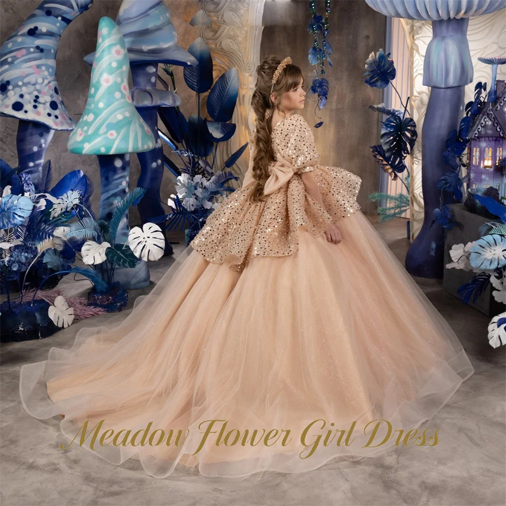 Meadow Champagne Princess Girls Dress Square Neck Short Sleeve Ball Gown Party Tutu Dresses Long TrainTutu Fluffy Prom Gown