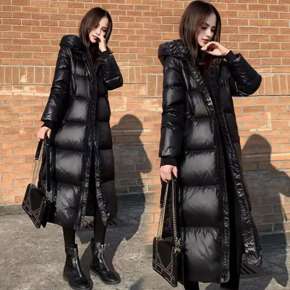 Korean Lady Long Bright Puffer Coat Autumn Winter Female Warm Down Cotton Jacket 2024 Women Black Parka Sown Wear Outwear Jacket