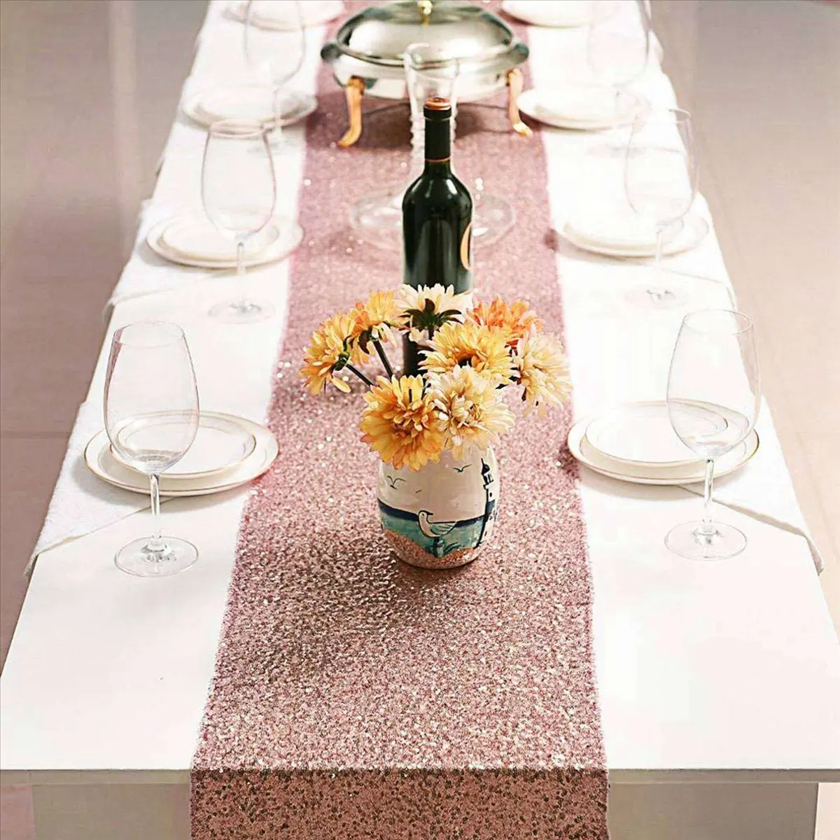 *A14E 4X Sparkly Rose Gold Sequin Table Runners 12X108 Inch Shimmer Table for Wedding Party Anniversary Birthday Table Cloth