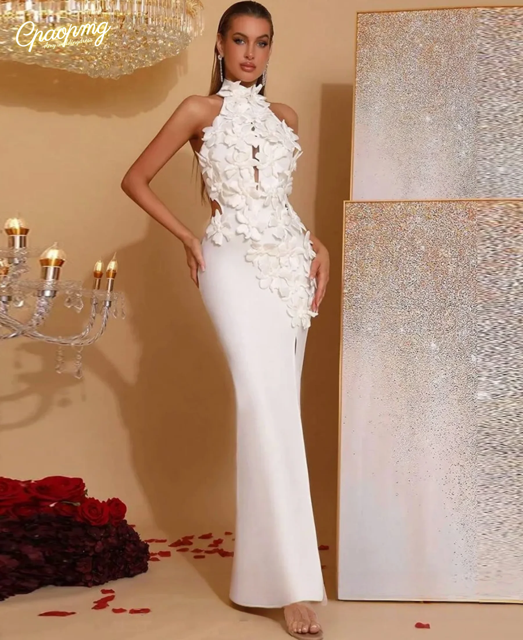 Customized Elegant Mermaid High Collar Evening Dress Matching Handmade Flower Party Dresses Modern Celebrity Gowns