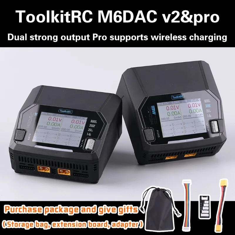 

ToolkitRC M6DAC PRO V2 Dual Channel Smart Lipo Battery Charger Discharger AC 200W DC 800W 16A for 1-6S LiHV LiPo PD65W FPV Drone