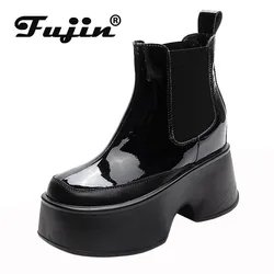 Fujin 6cm Patent Leather High Boots Mid Calf Ankle Punk Motorcycle Chelsea Boots Women Autumn Warm Fur Winter Elastic Band Shoes