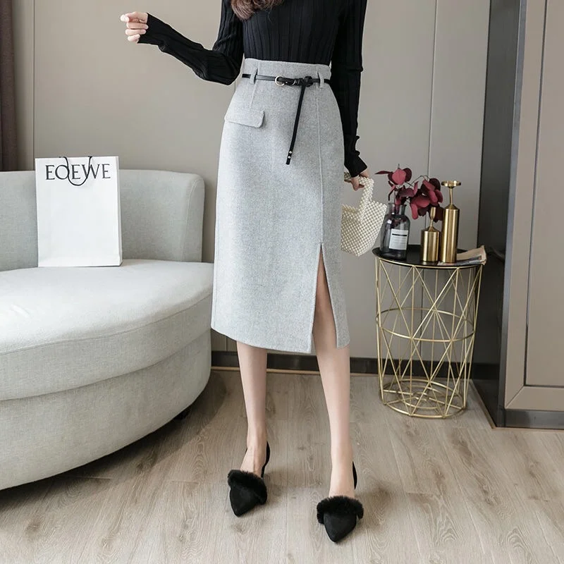 Grey Autumn Winter Office Work Skirts for Women Dressy Casual A-line Stretchy High Waist Slit Elegant Party Midi Skirt with Belt