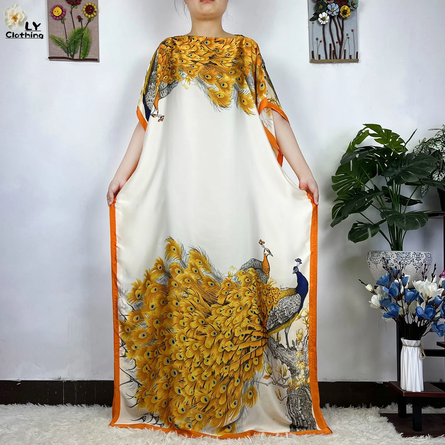 2023 New African Fashion Short Sleeve Colored Pattern Dubai Women Summer Real Silk Soft Printing Loose Tradition Muslim Dress