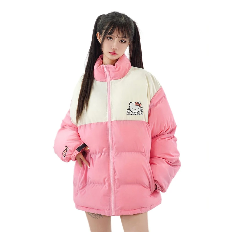 Hellokitty Padded Jacket Woman Anime Cartoon Kawaii Embroidery Winter Loose Thicken Dopamine Y2K Couple Cotton Coat New Fashion