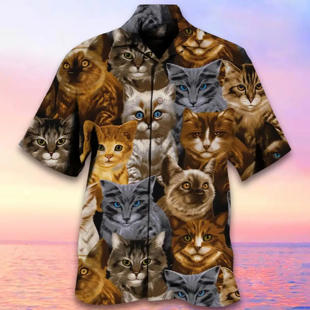 Fashion Men's Shirts 3d Cat Print Cuban Collar Shirt Summer Casual Short Sleeve Shirt For Men Top Oversized Hawaiian Shirts 2024