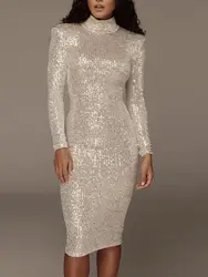 Sequined High Collar Midi Dress Elegant Long Sleeve Bodycon Tight Stretch Knee Length Party Dresses