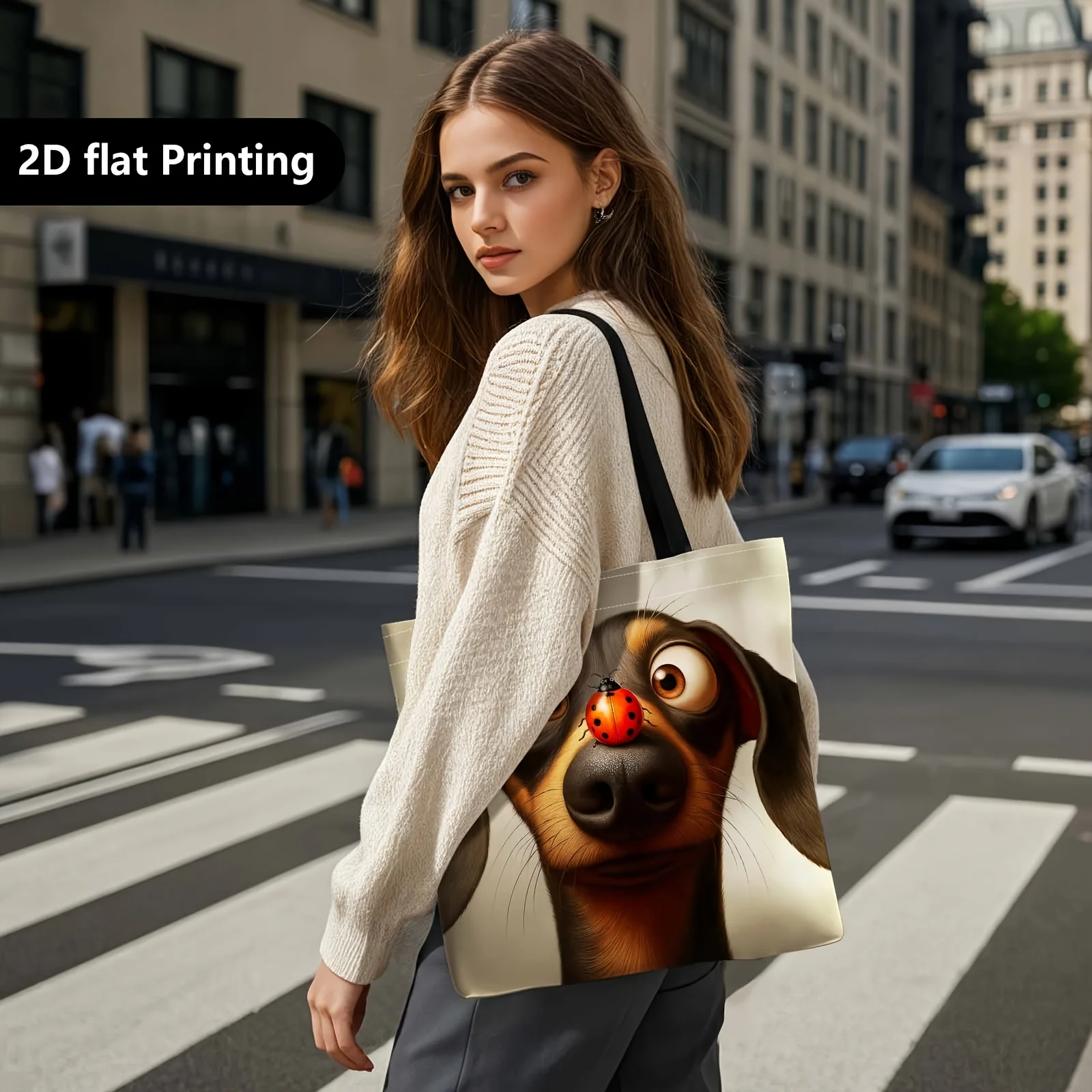 1pc a Shopper Bag, a Portable Bag That Can Be Carried on The Shoulder Or by Hand, Featuring Designs of a Dachshund And a Ladybug