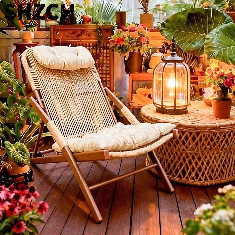 Folding Rattan Lounge Chair for Balcony Garden Outdoor Sunbathing Recliner