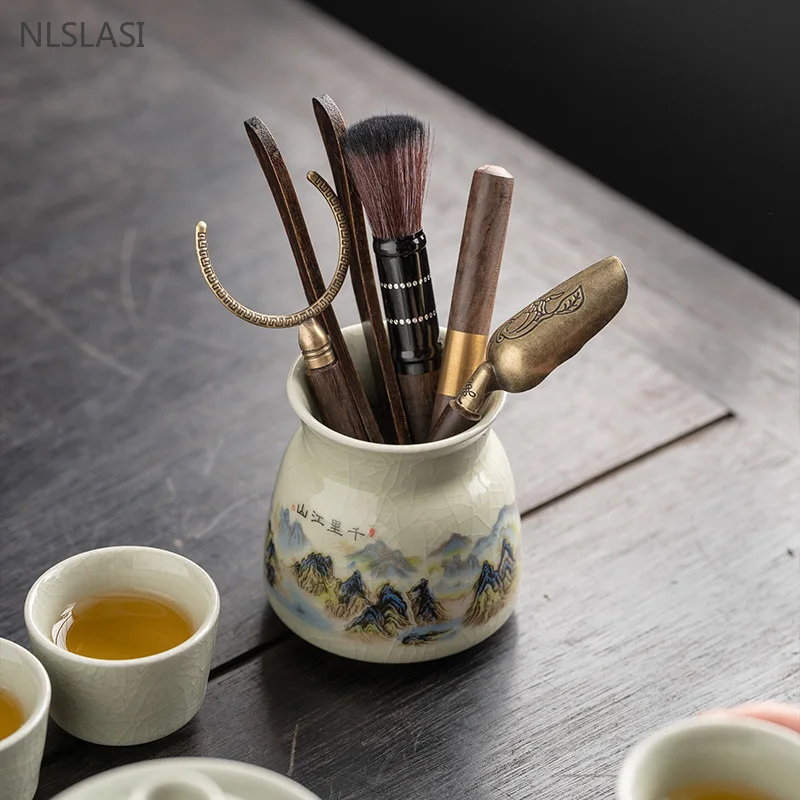 Ru Kiln Storage Caddy Wooden Tongs Tea Ceremony Six Gentlemen Set Black Sandalwood Tea Clip Spoon Suit Tea Accessories