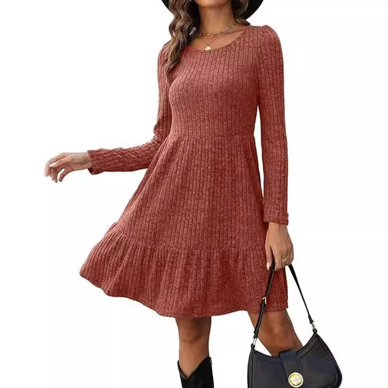 Women's Autumn Winter New Striped Round Neck Knitted Long Sleeve Sweater Ruffed Dress