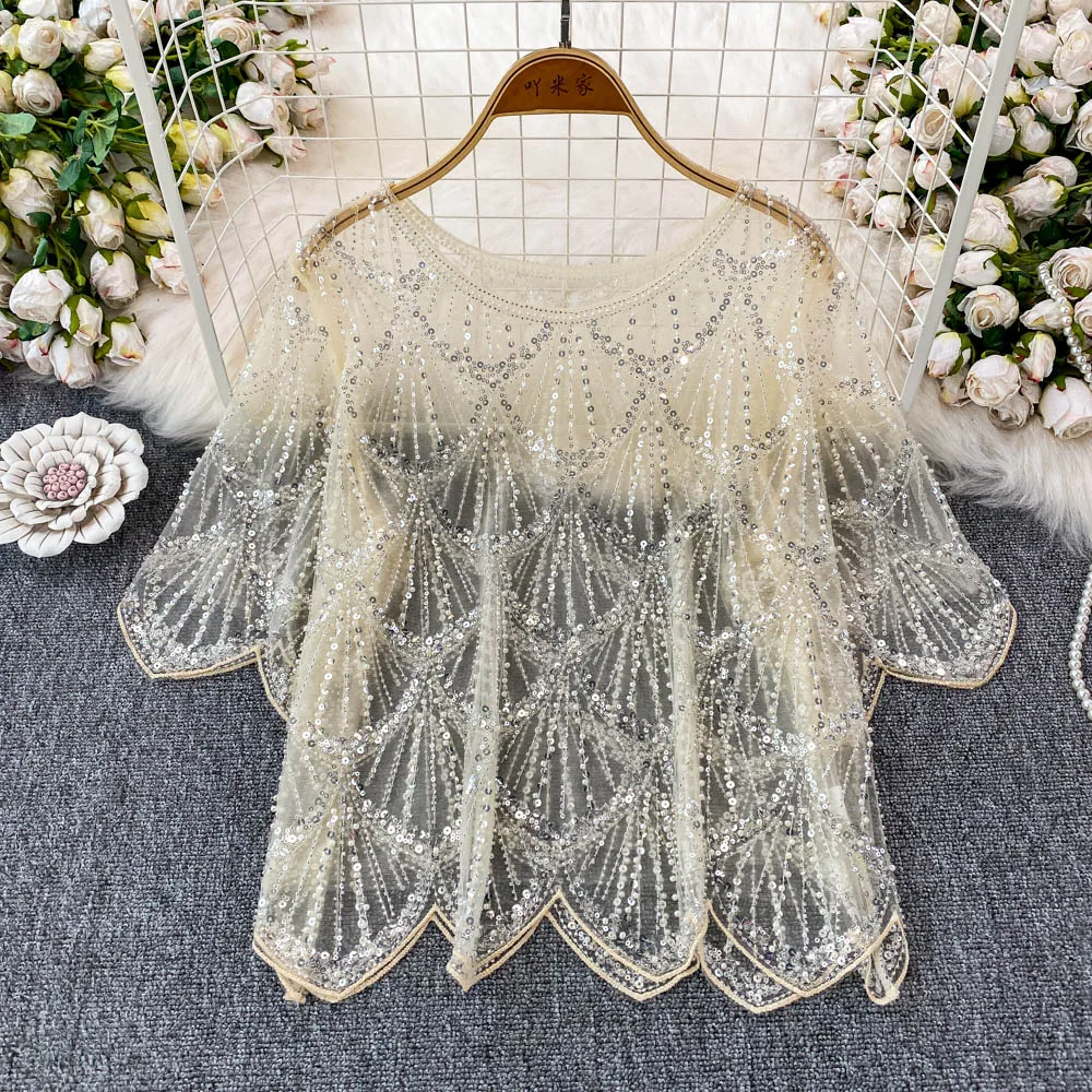 

Chic vintage short sleeve mesh sequin backless Elegant Fashion Sexy Shirt High Street t shirt Summer Women Blouse Women