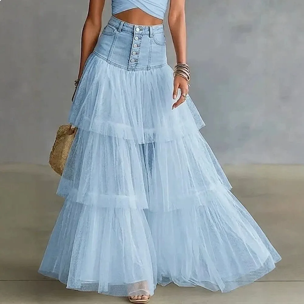 2026 Spring Summer Denim Mesh Stitching Skirt Women Layered A Line Skirt High Waist Skirts