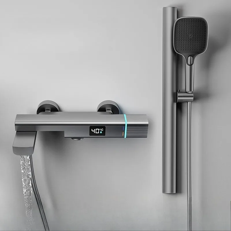 Gun gray smart digital display simple shower set, household shower, piano button constant temperature portable shower