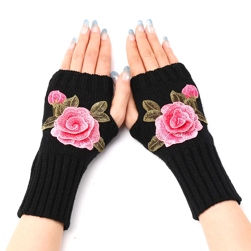 

Knitted Fingerless Gloves for Women Winter Soft Wool Knit Flower Embroidered Mittens Handmade Elastic Half Finger Short Gloves