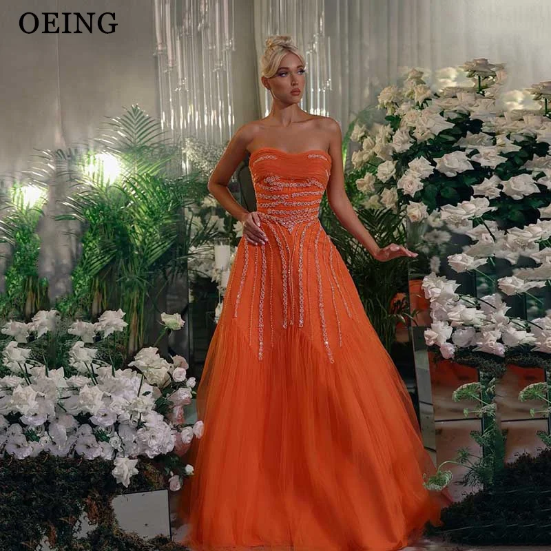 

OEING Orange A Line Prom Dress Elegant Beading Tulle Tiered Strapless Evening Dresses Formal Occasion Gowns Vestidos De Fiesta