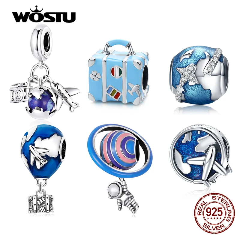 

WOSTU 100% 925 Sterling Silver Fashion Travel Series Pendant Blue Galaxy Charm Beaded Fit Original DIY Bracelet Neckalce Jewelry