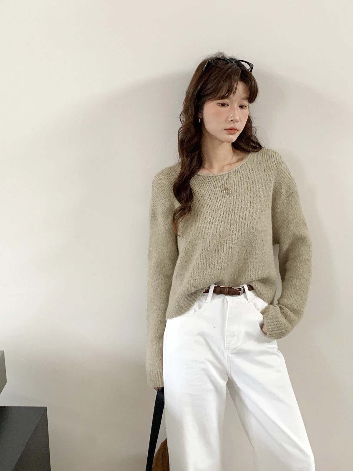 

Свободный длинный свитер цвета хаки, круглый женский корейский вязаный свитер irt Wed, повседневный, удобный, для поездок на работу, Faion