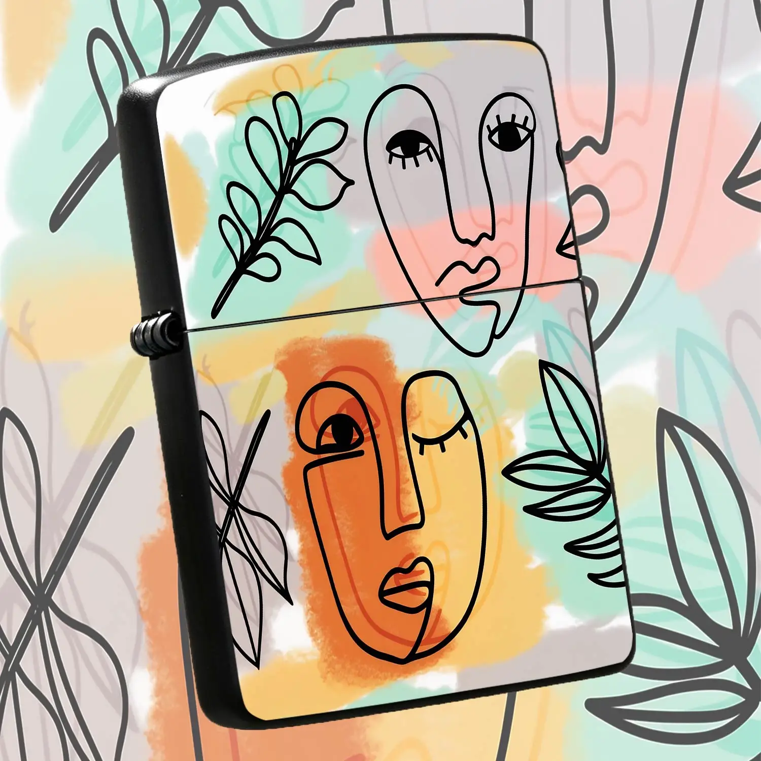 Stylish Abstract Face Line Art Print Lighter, Tropical Foliage Graffiti Pattern PORTABLE Daily Use Igniter, Trendy Aesthetic Accessory for Home Office Outdoor Camping, Unique Chic Gift for Parties Holidays Gatherings A Humorous And Interest