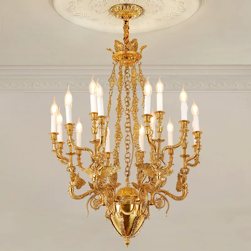 

French Antique Copper Chandelier Villa Living Room Dining Lamp European Golden Brass Candle Pendant Light