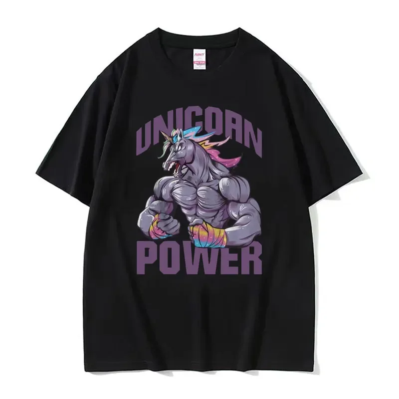 Unicorn Flexing Funny Gym Meme Graphic T Shirt for Men Retro Gothic Oversized T-shirt Male Harajuku Y2K Clothing T-shirts Cotton