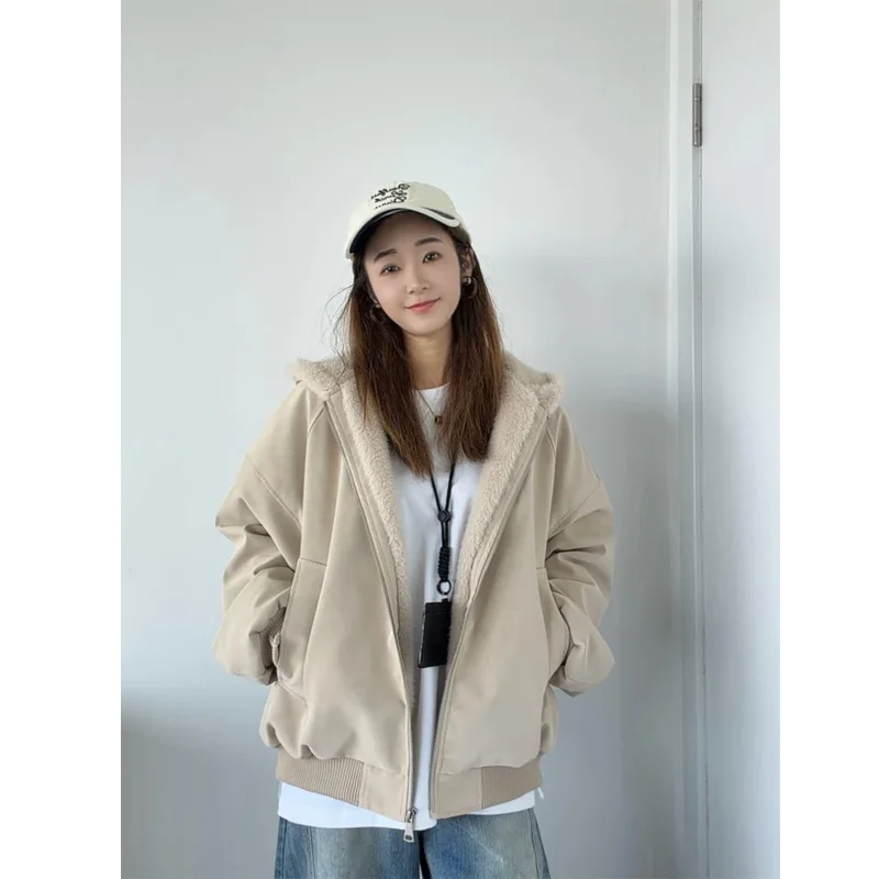 

Retro American Sle Hooded Cotton Jaet for Men And Women Thiened Winter Coat with Mink Fur Warm Couple Outwear