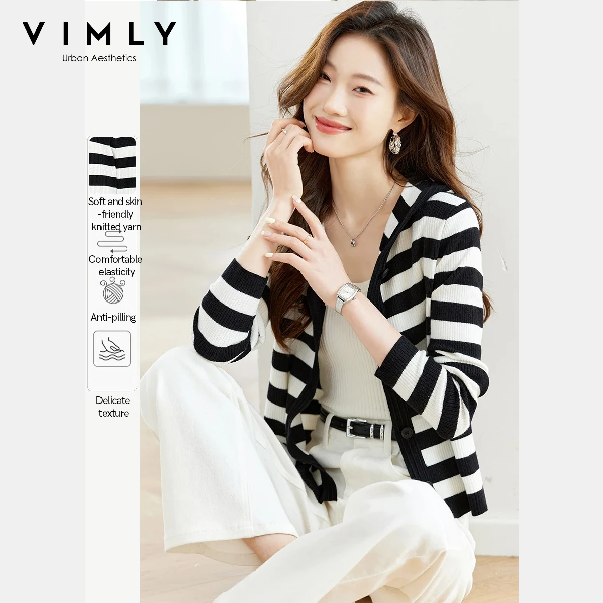 

VIMLY Striped Hooded Knit Cardigan Women 2025 Autumn Fashion Commute Sweaters Casual Single Breasted Female Clothing 72782