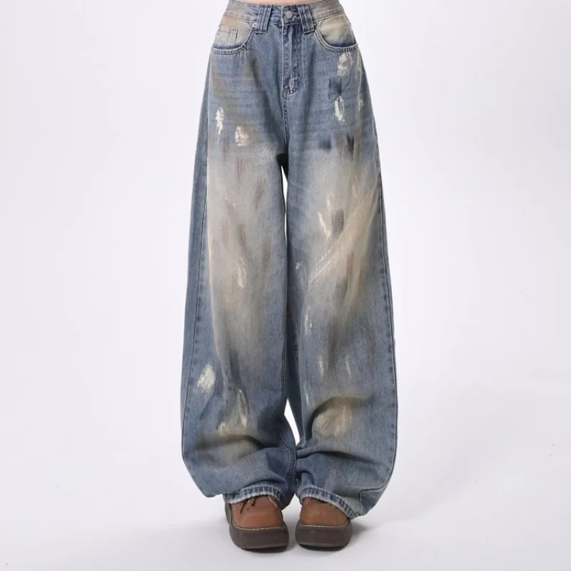 Retro Splashed Paint Graffiti Straight Leg Women's Jeans Dirty Color High Waist Slimming High-quality Wide Leg Floor Pants