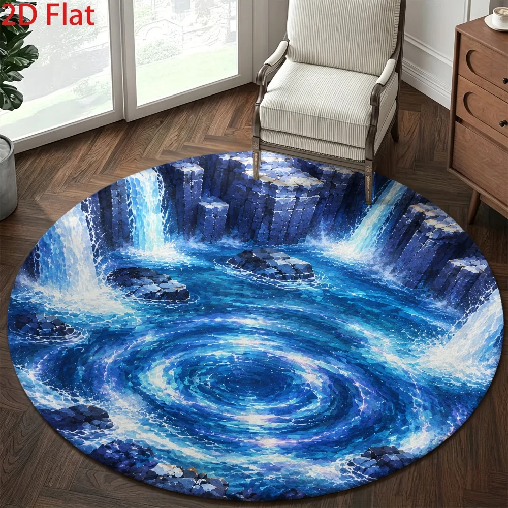 Blue Waterfall Vortex Landscape Round Area Rug Natural Rock Cliff Water Scene Pattern Floor Mat Carpet for Bedroom Home Decor