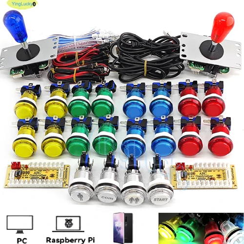 Imagen 1 del producto Kit de juego Arcade DIY de 2 jugadores para PC Raspberry Pi con botones LED, Joystick de estilo americano, Cables codificadores USB Mame Jamma