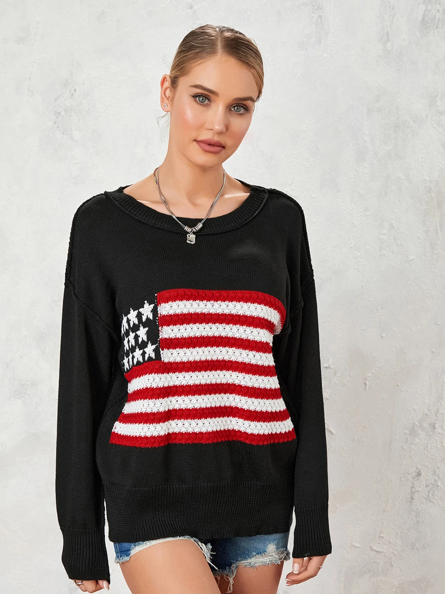 

Women Autumn Winter Knit Sweater Long Sleeve Crewneck Flag Print Loose Knitwear