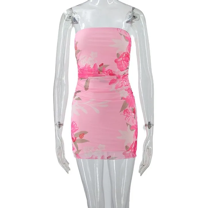 2025 novo estilo europeu e americano roupas femininas verão sexy tubo superior impressão magro-encaixe plissado vestido de dupla camada