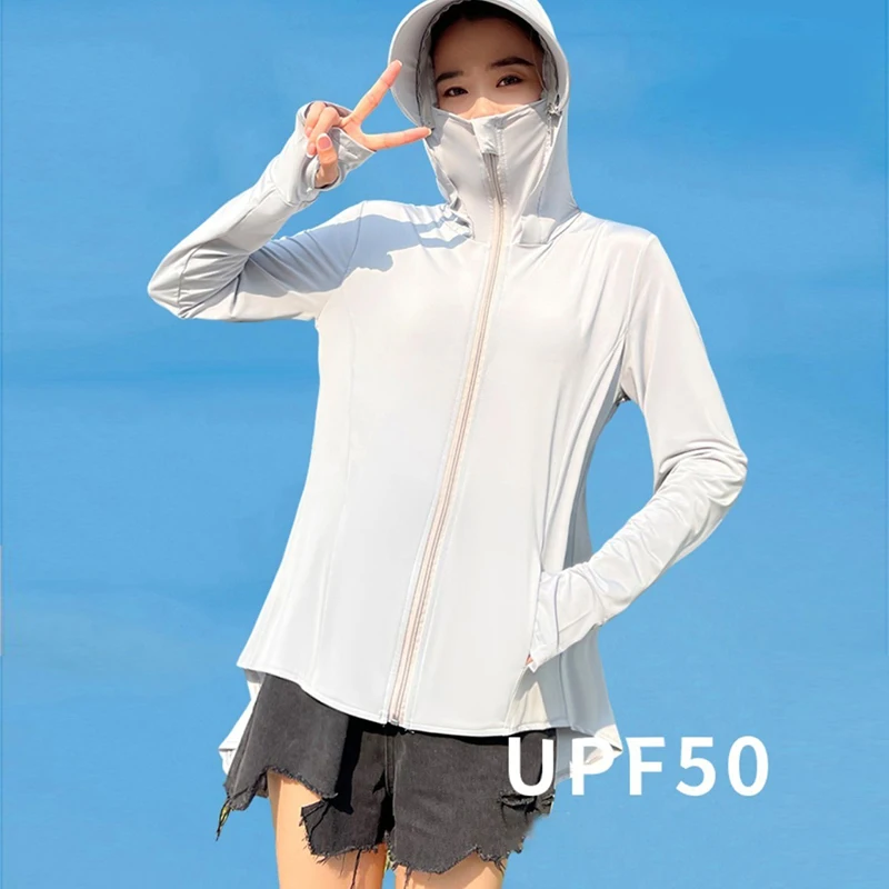 UV Resistant Hooded Zipper Front Short And Back Long Pockets Sunscreen Shirt Long Sleeve Summer Women Clothing Casual Solid Coat