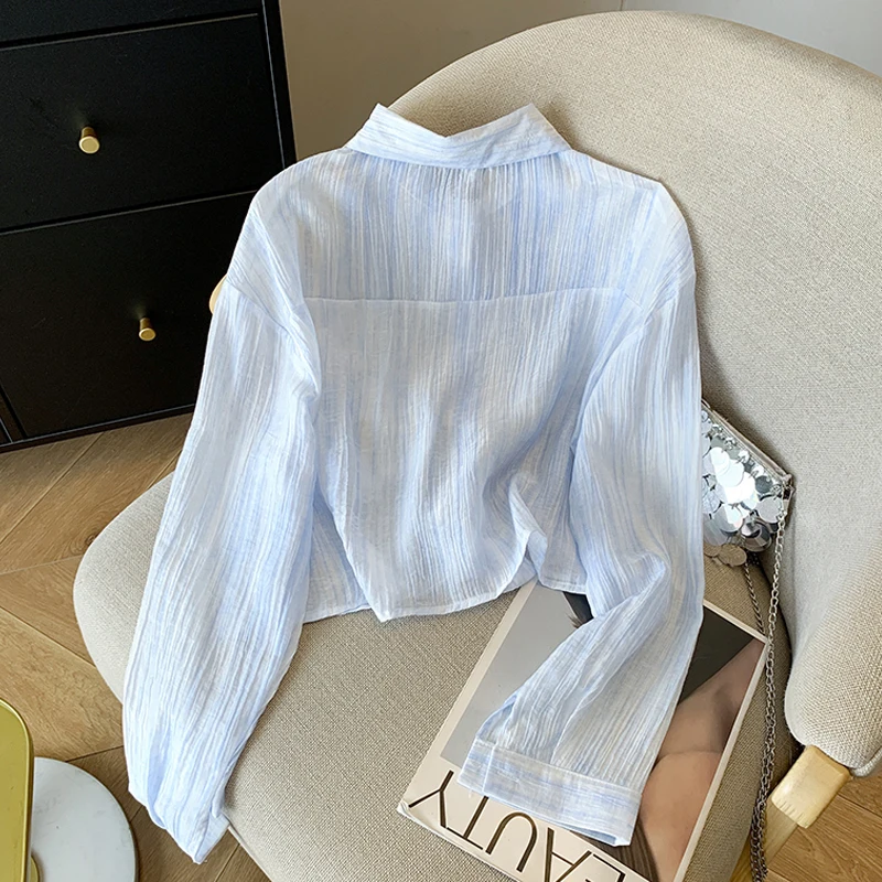 Blusa fina de manga larga con cuello vuelto rosa para mujer, Tops con cordones y una botonadura, camisa de protección solar coreana Chic 2025