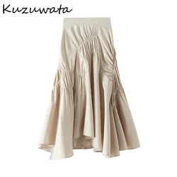 Kuzuwata Fashion Elegant Temperament A-line Skirt Spring Summer Solid Chic Pleated Jupe 2024 New Ins Mid Length Women Skirts