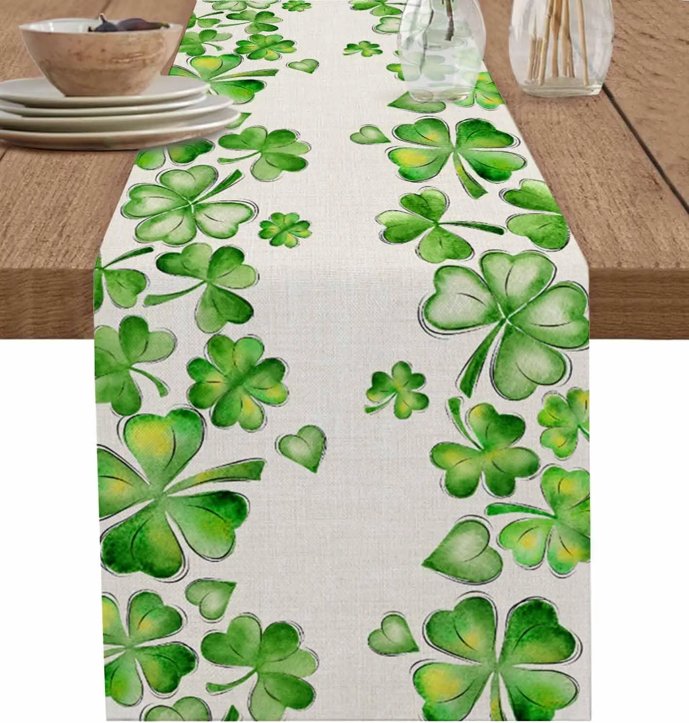 St. Patrick's Day Shamrock Linen Table Runner Dresser Scarf Seasonal Spring Lucky Clover Green Table Runners Dining Table Decor