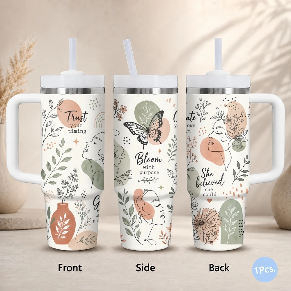 Positive Affirmations Vacuum Flasks 40oz Stainless Steel Insulated Tumbler with Handle & Straw Leakproof Car Mug