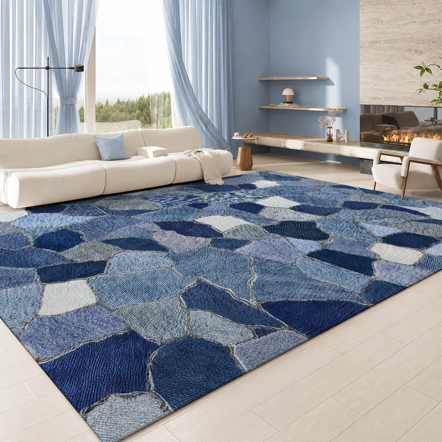Large Indoor Area Rug, Soft Velvet Low Pile with Non-Slip Dotted Backing, Machine Washable Blue Denim Mosaic Patchwork Rug, Modern Rustic Decor for Living Room, Bedroom, Entryway, Hallway