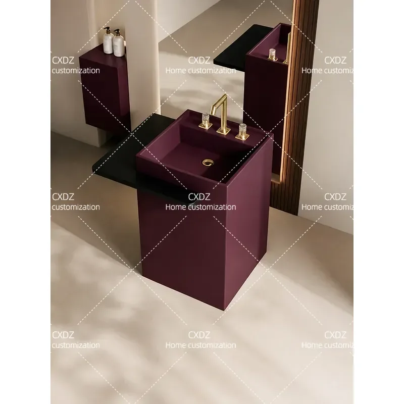 Custom Wabi Sabi Coral Red Rock Slate Pillar Basin Indoor Floor to Ceiling Travertine Washbasin for Hotel Villa Public Space