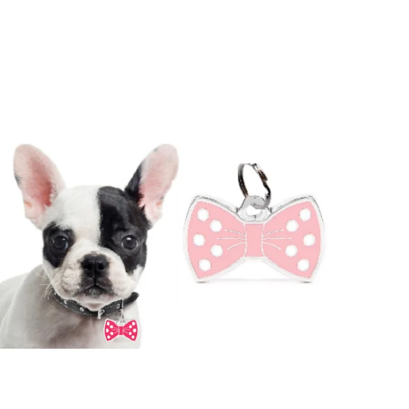 علامات معرف الحيوانات الأليفة الفولاذ المقاوم للصدأ Bowknot الكلاب علامة مجانية مخصصة لمكافحة خسر القطط معرف العلامات شخصية الحيوانات الأليفة قلادة سلسلة مستلزمات الحيوانات الأليفة