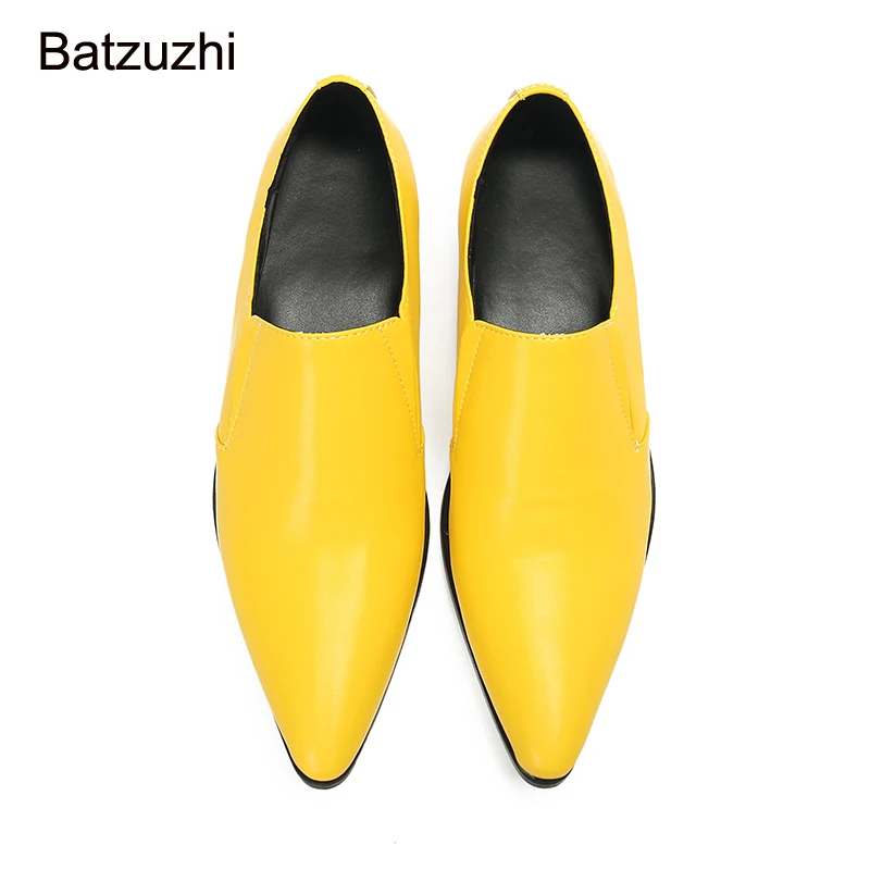 Batzuzhi Fashion Handmade Men\'s Shoes Bright Color Yellow Men Leather Dress Shoes Pointed Toe Party and Wedding Shoes Male!