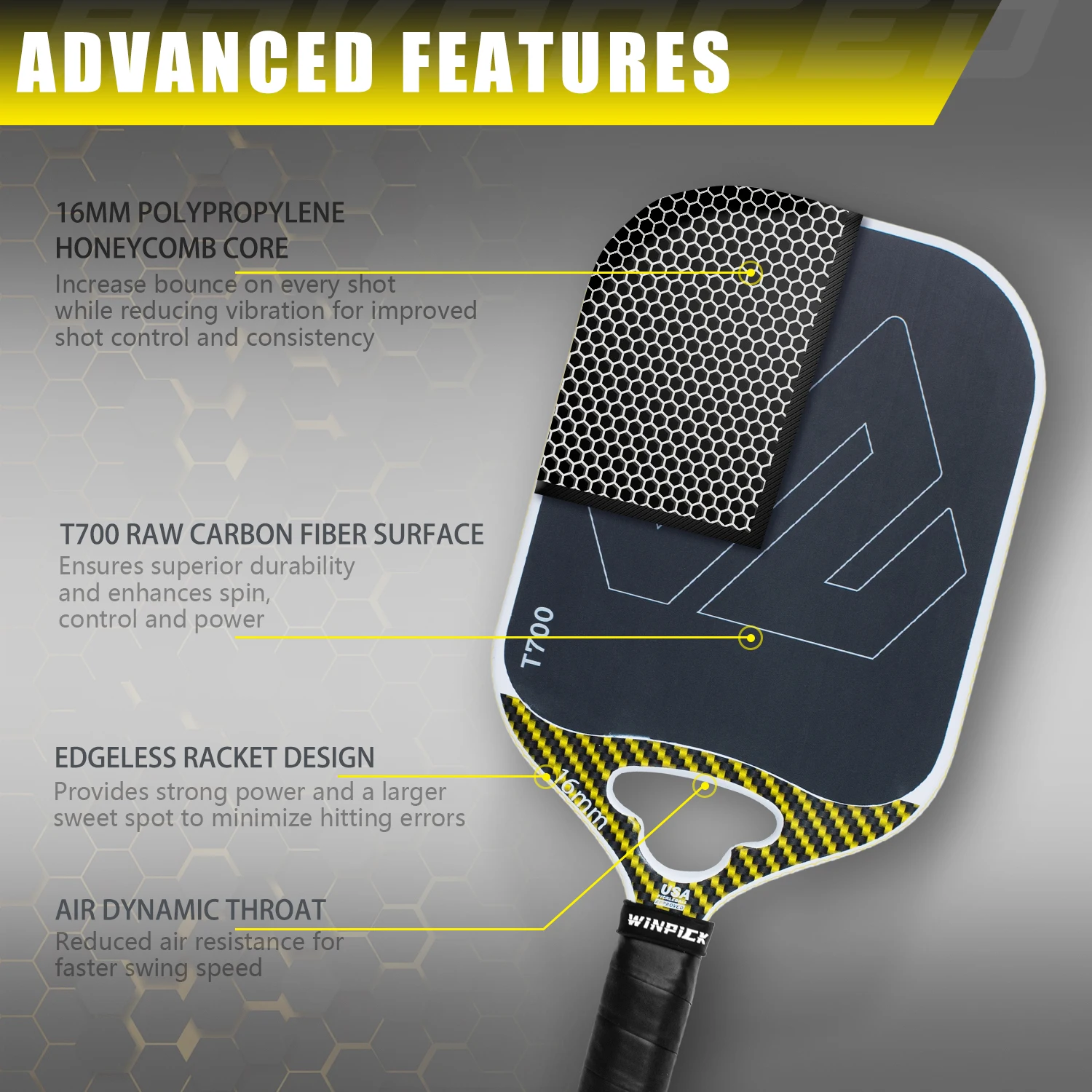 Winpick Professional Thermoformed Raw T700 Carbon Pickleball Paddle USAPA Approved Edgeless for Unmatched Control and Power