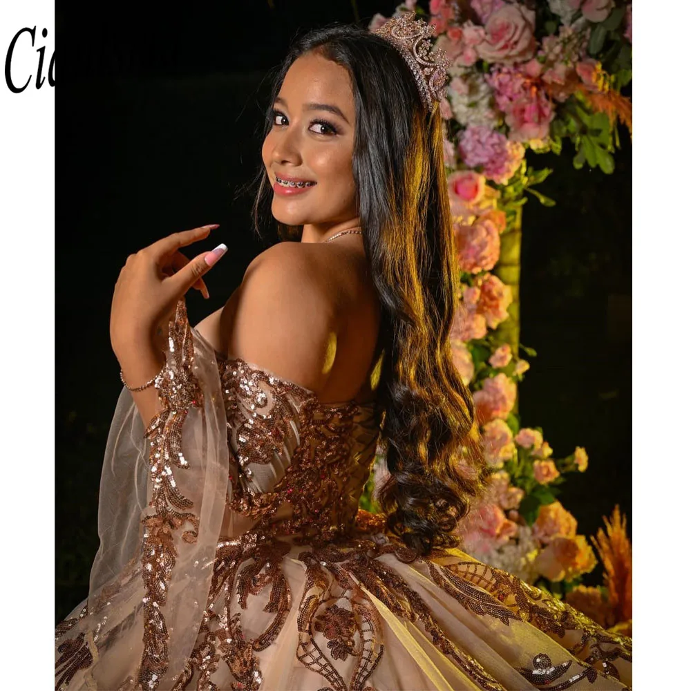 Vestido De baile De Quinceañera De oro rosa, brillante, escote corazón, sin espalda, dulce 16, vestidos De desfile, 15 años, 2024