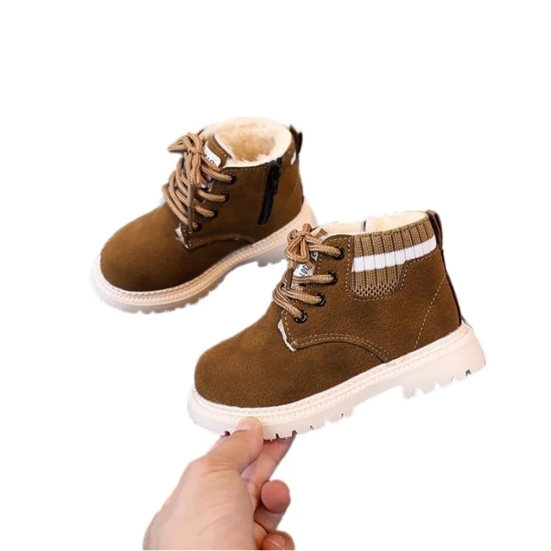 Kids cotton shoes winter new boys' simple versatile horse boots girls' baby warm casual cotton boots with fleece snow boots21-30